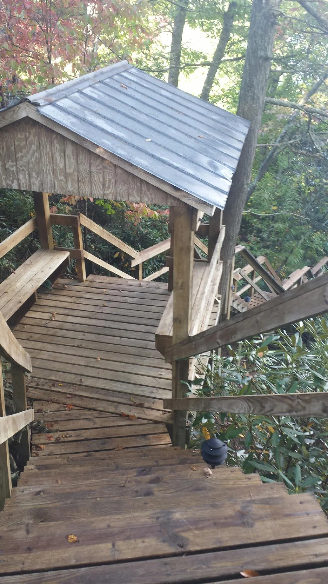 Metal roofed shelter over wooden steps on a wooded walkway — Skylight Repair & Installation work by our crew in Lansdowne